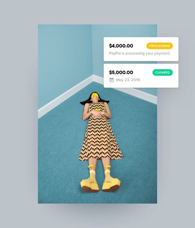 Woman laying on floor with bubbles of marketing payments